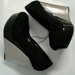 Forever 21 Black Suede Silver Metallic Wedge Heel